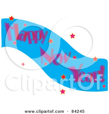 Royalty-Free (RF) Clipart Illustration of a Happy New Year Greeting With Pink Words On A Blue Wave With Red Stars by Pams Clipart