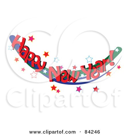 Royalty-Free (RF) Clipart Illustration of a Happy New Year Greeting With Red Words On A Swoosh With Stars by Pams Clipart