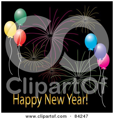 Royalty-Free (RF) Clipart Illustration of a Happy New Year Greeting With Party Balloons And Fireworks In A Black Sky by Pams Clipart