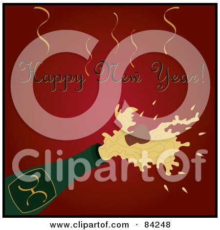 Royalty-Free (RF) Clipart Illustration of a Happy New Year Greeting Over A Cork Popping Out Of A Champagne Bottle On Red by Pams Clipart