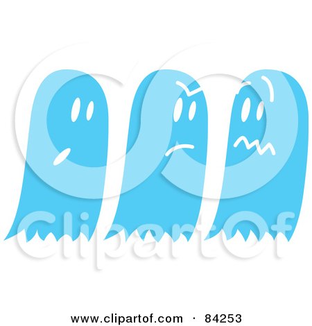 Royalty-Free (RF) Clipart Illustration of Three Moody Blue Ghosts by Zooco