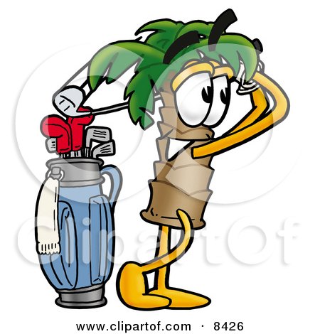 Clipart Picture of a Palm Tree Mascot Cartoon Character Swinging His Golf Club While Golfing by Mascot Junction