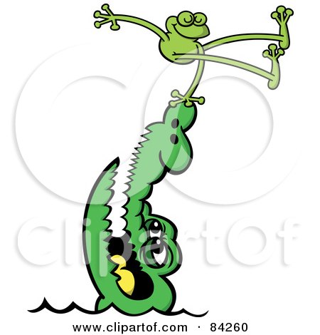 Royalty-Free (RF) Clipart Illustration of a Frog Hopping Off Of The Tip Of An Alligator's Nose by Zooco