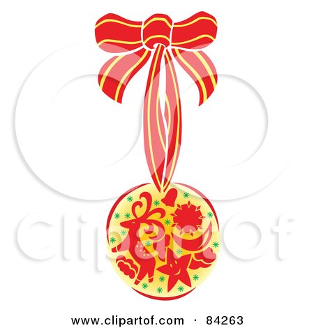 Royalty-Free (RF) Clipart Illustration of a Red And Yellow Christmas Ball With Star, Moon And Reindeer Designs, Suspended From A Ribbon by Cherie Reve