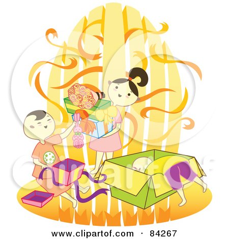 Royalty-Free (RF) Clipart Illustration of Happy Children Opening Birthday Presents by Cherie Reve