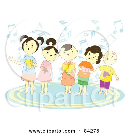 Royalty-Free (RF) Clipart Illustration of a Choir Of Happy Singing Children With Notes And Books by Cherie Reve