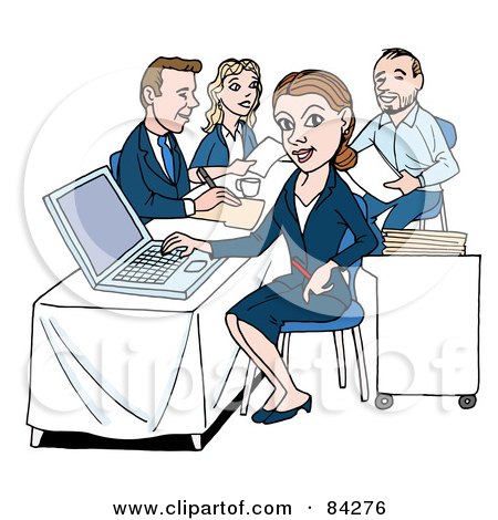 Royalty-Free (RF) Clipart Illustration of a Businesswoman Working On A Laptop, Her Colleagues In The Background by LaffToon