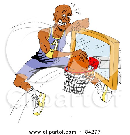 Royalty-Free (RF) Clipart Illustration of a Black Athlete Jumping On A Basketball Hoop To Make His Shot by LaffToon