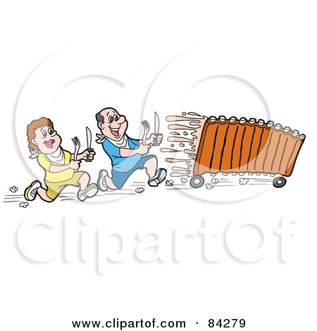 Royalty-Free (RF) Clipart Illustration of a Hungry Man And Woman Chasing Bbq Ribs On Wheels by LaffToon