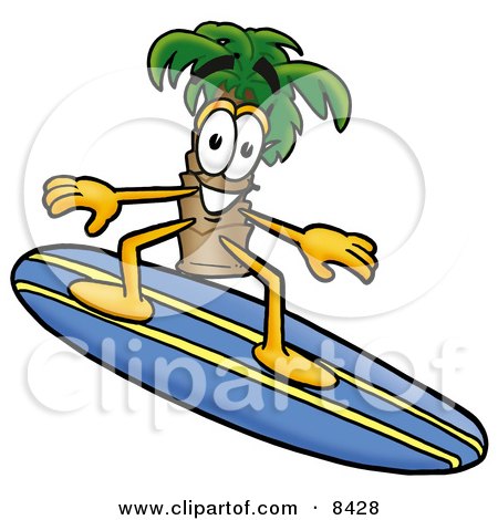 Clipart Picture of a Palm Tree Mascot Cartoon Character Surfing on a Blue and Yellow Surfboard by Mascot Junction