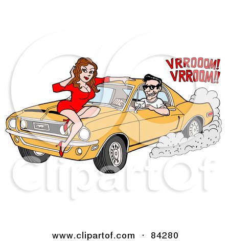 Royalty-Free (RF) Clipart Illustration of a Sexy Car Model Woman Sitting On The Hood Of A Yellow 1968 Mustang by LaffToon