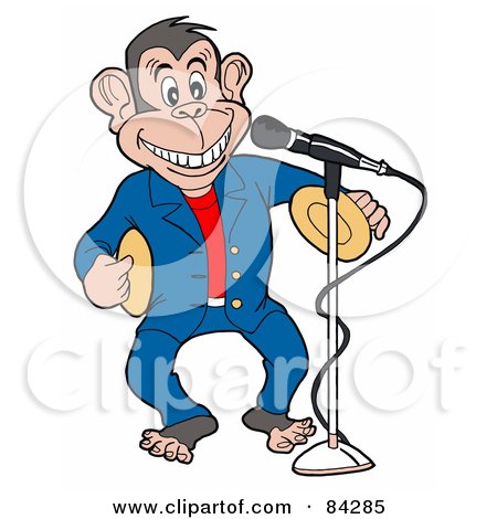 Royalty-Free (RF) Clipart Illustration of a Entertainer Monkey Standing In Front Of A Microphone, Banging Symbols by LaffToon