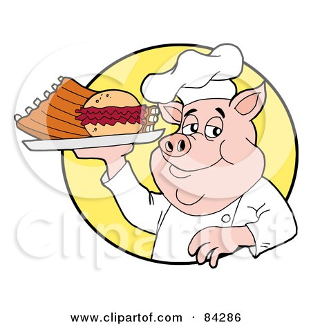 Royalty-Free (RF) Clipart Illustration of a Chef Pig Holding A Pulled Pork Burger And Ribs On A Plate by LaffToon