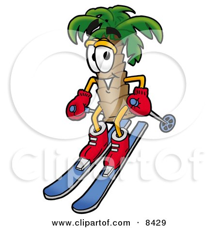 Clipart Picture of a Palm Tree Mascot Cartoon Character Skiing Downhill by Mascot Junction