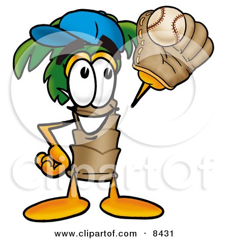 Clipart Picture of a Palm Tree Mascot Cartoon Character Catching a Baseball With a Glove by Mascot Junction