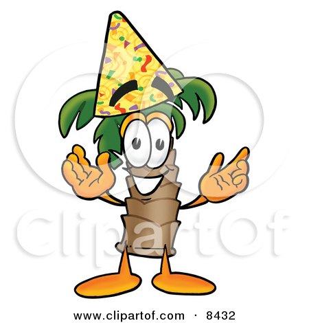 Clipart Picture of a Palm Tree Mascot Cartoon Character Wearing a Birthday Party Hat by Mascot Junction