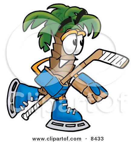 Clipart Picture of a Palm Tree Mascot Cartoon Character Playing Ice Hockey by Mascot Junction