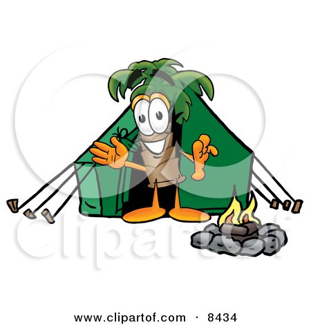 Clipart Picture of a Palm Tree Mascot Cartoon Character Camping With a Tent and Fire by Mascot Junction