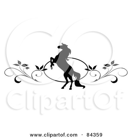 Royalty-Free (RF) Clipart Illustration of a Black And White Rearing Horse And Vine Website Header Or Page Divider by C Charley-Franzwa