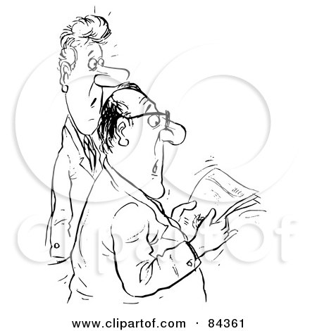 Royalty-Free (RF) Clipart Illustration of a Black And White Sketch Of Two Shocked Businessmen Reading A Document by Alex Bannykh