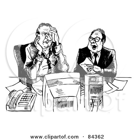 Royalty-Free (RF) Clipart Illustration of a Black And White Sketch Of Two Businessmen Working At A Computer by Alex Bannykh