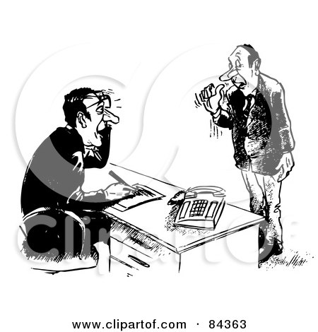 Royalty-Free (RF) Clipart Illustration of a Black And White Sketch Of A Nervous Man Standing Before His Boss by Alex Bannykh