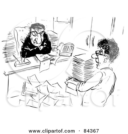 Royalty-Free (RF) Clipart Illustration of a Black And White Sketch Of A Grumpy Boss Watching His Assistant Bring In Paperwork by Alex Bannykh