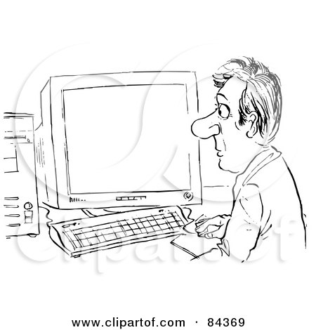 Royalty-Free (RF) Clipart Illustration of a Black And White Sketch Of A Businessman In Front Of A Large Computer Screen by Alex Bannykh