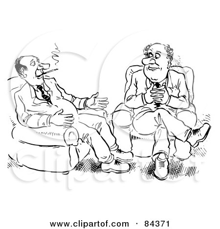 Royalty-Free (RF) Clipart Illustration of a Black And White Sketch Of Two Businessmen Sitting In Chairs And Smoking by Alex Bannykh