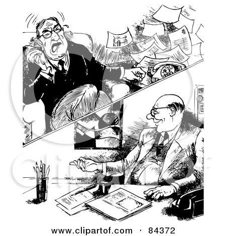 Royalty-Free (RF) Clipart Illustration of a Black And White Sketch Of Two Businessmen, One Happy The Other Throwing A Fit by Alex Bannykh
