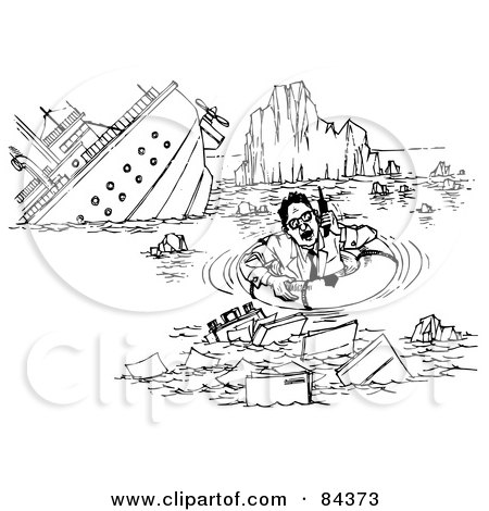 Royalty-Free (RF) Clipart Illustration of a Black And White Sketch Of A Businessman On A Phone By A Sinking Ship by Alex Bannykh