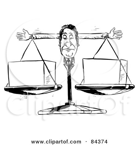 Royalty-Free (RF) Clipart Illustration of a Black And White Sketch Of A Businessman Scale Weighing Cubes by Alex Bannykh