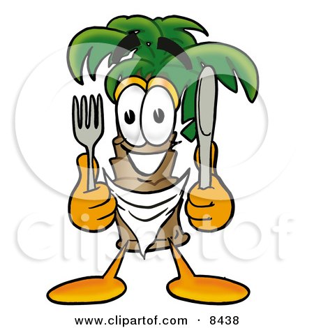 Clipart Picture of a Palm Tree Mascot Cartoon Character Holding a Knife and Fork by Mascot Junction