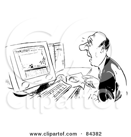 Royalty-Free (RF) Clipart Illustration of a Black And White Sketch Of A Shocked Businessman Looking At A Computer by Alex Bannykh