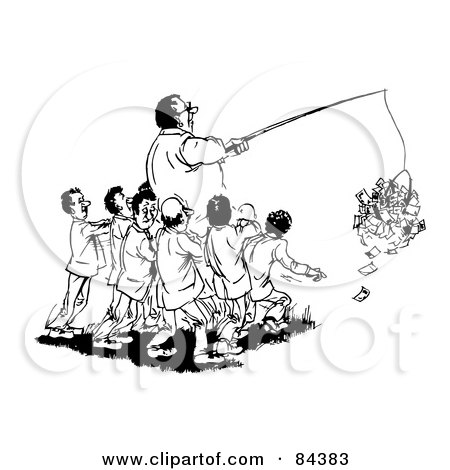 Royalty-Free (RF) Clipart Illustration of a Black And White Sketch Of Men Helping Their Boss Grab Money With A Pole by Alex Bannykh