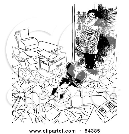 Royalty-Free (RF) Clipart Illustration of a Black And White Sketch Of A Man's Legs Buried In Paperwork, An Assistant Bringing In More by Alex Bannykh