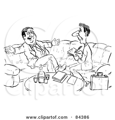 Royalty-Free (RF) Clipart Illustration of a Black And White Sketch Of Men Chatting On A Lounge Couch by Alex Bannykh