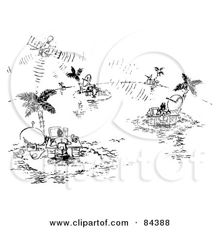 Royalty-Free (RF) Clipart Illustration of a Black And White Sketch Of People Working At Desks On Tropical Islands by Alex Bannykh
