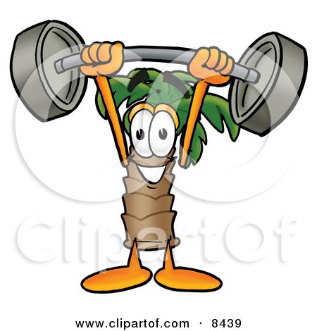 Clipart Picture of a Palm Tree Mascot Cartoon Character Holding a Heavy Barbell Above His Head by Mascot Junction
