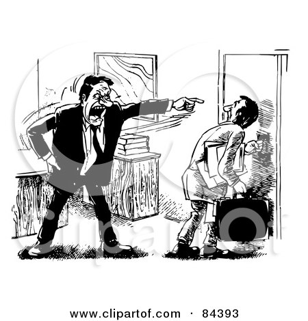 Royalty-Free (RF) Clipart Illustration of a Black And White Sketch Of An Angry Boss Pointing And Firing An Employee by Alex Bannykh