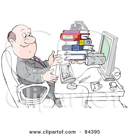 Royalty-Free (RF) Clipart Illustration of Hands Reaching Out Of A Computer And Giving A Businessman Books by Alex Bannykh