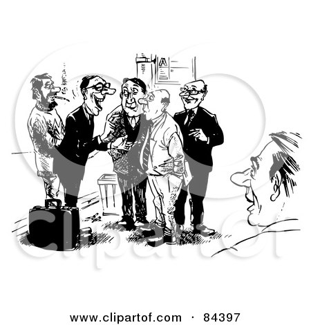 Royalty-Free (RF) Clipart Illustration of a Black And White Sketch Of Chatty Businessmen Talking by Alex Bannykh