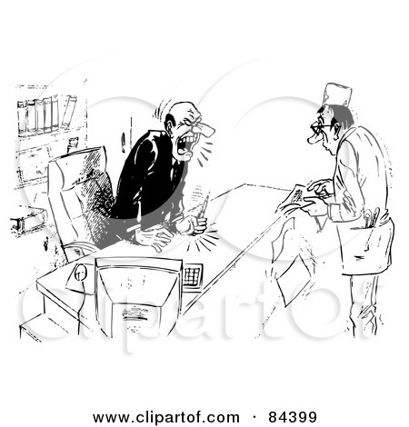 Royalty-Free (RF) Clipart Illustration of a Black And White Sketch Of An Angry Businessman Shouting At A Doctor by Alex Bannykh