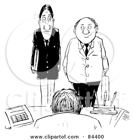 Royalty-Free (RF) Clipart Illustration of a Black And White Sketch Of Two Nervous Employees Standing Before Their Boss by Alex Bannykh