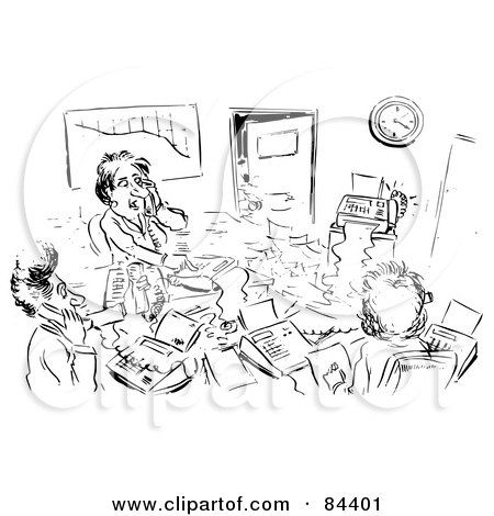 Royalty-Free (RF) Clipart Illustration of a Black And White Sketch Of A Busy Office With Men And Women Manning The Phones by Alex Bannykh