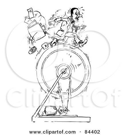 Royalty-Free (RF) Clipart Illustration of a Black And White Sketch Of A Businessman Running On A Ring, Dropping His Items by Alex Bannykh