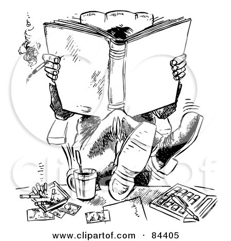 Royalty-Free (RF) Clipart Illustration of a Black And White Sketch Of A Businessman Smoking, His Legs Up On His Desk, And Reading A Book by Alex Bannykh