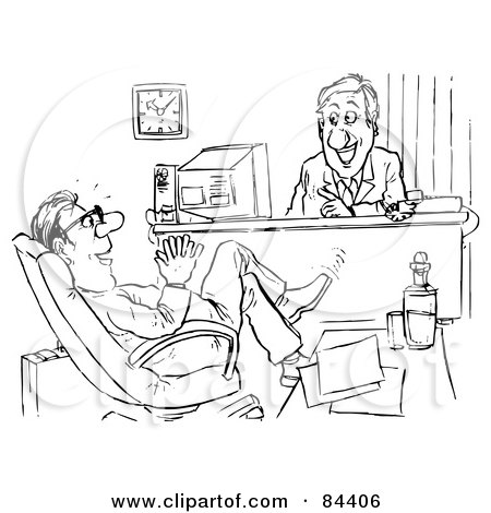 Royalty-Free (RF) Clipart Illustration of a Black And White Sketch Of A Happy Boss And Employee Chatting by Alex Bannykh