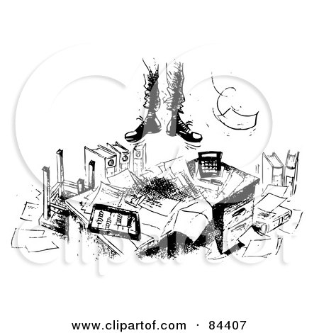 Royalty-Free (RF) Clipart Illustration of a Black And White Sketch Of Feet Suspended Over A Messy Desk by Alex Bannykh