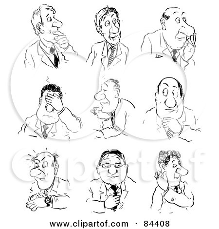 Royalty-Free (RF) Clipart Illustration of a Black And White Sketch Of A Digital Collage Of Businessmen With Facial Expressions by Alex Bannykh
